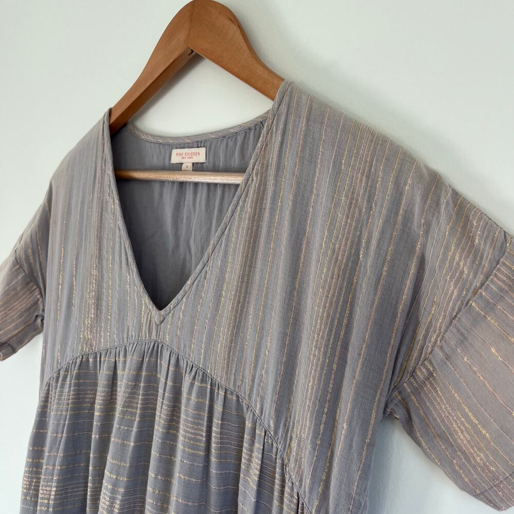 Pink Chicken Tiered V-Neck Neutral Metallic Striped Mini Dress, Size Small - Picture 6 of 11
